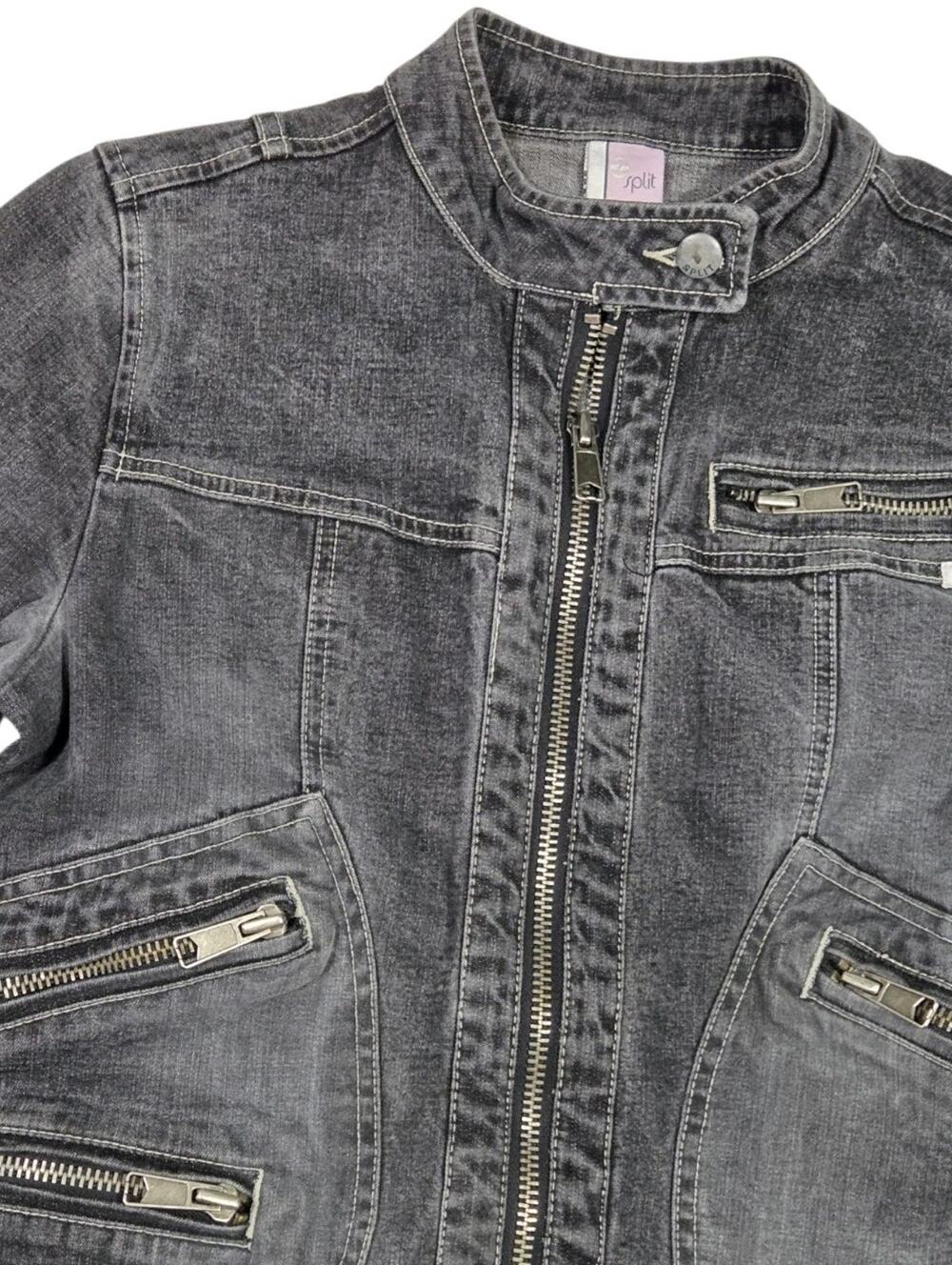 Y2K Split Clothing Denim Zipper Jacket Black Streetwear Casual Biker Juniors M